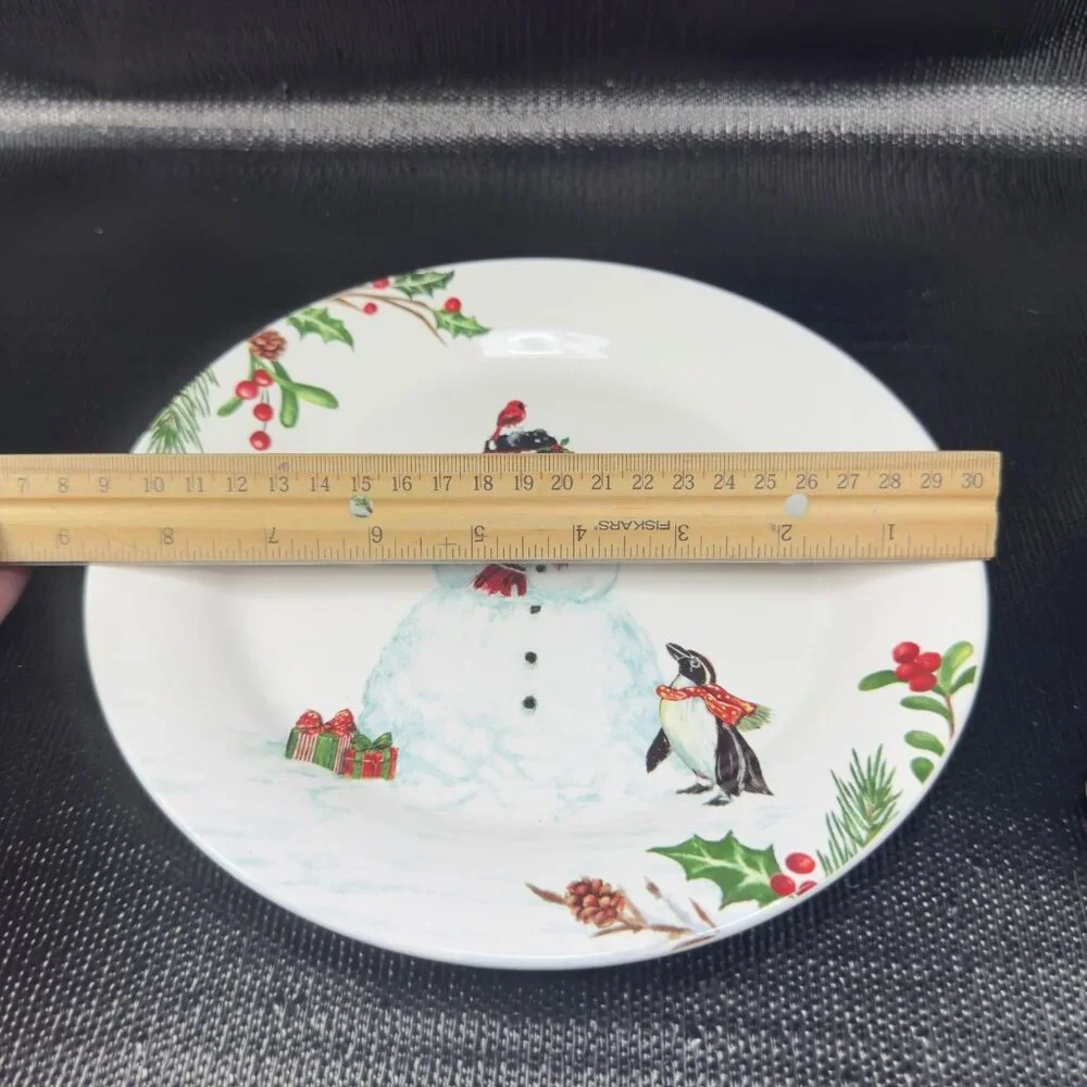 PIER 1 Winter Wonders Ironstone Plate Dish Set 4 Snowman Penguin Christmas 9inch